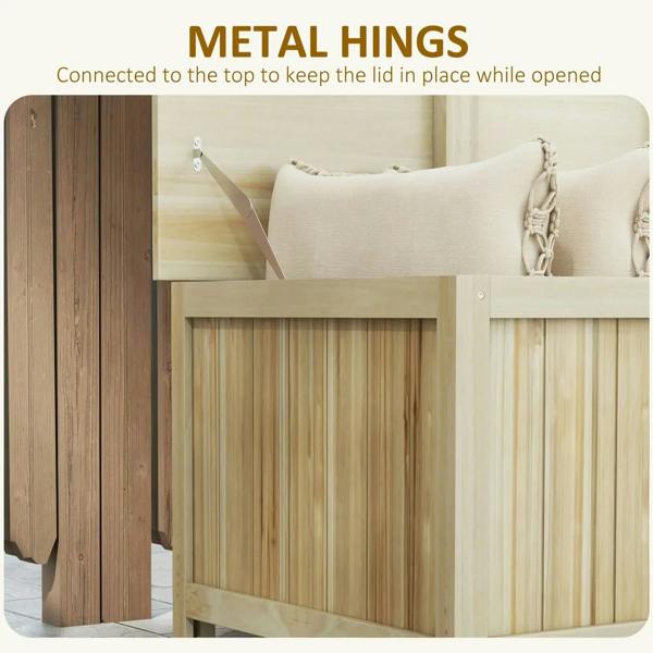 Metal hinge mechanism connecting the lid to a natural wooden storage box frame