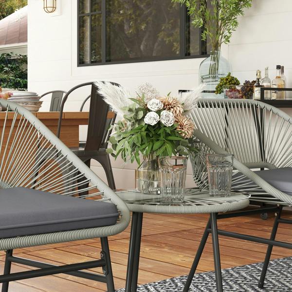 Wyld Haus Sorino Rattan Rope Light Grey 3 Piece Outdoor Garden Bistro Furniture Set Glass Coffee Table