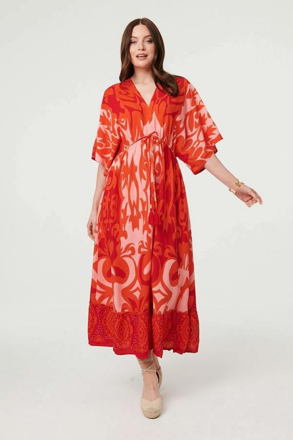 Red | Abstract 3/4 Sleeve Relaxed Maxi Dress