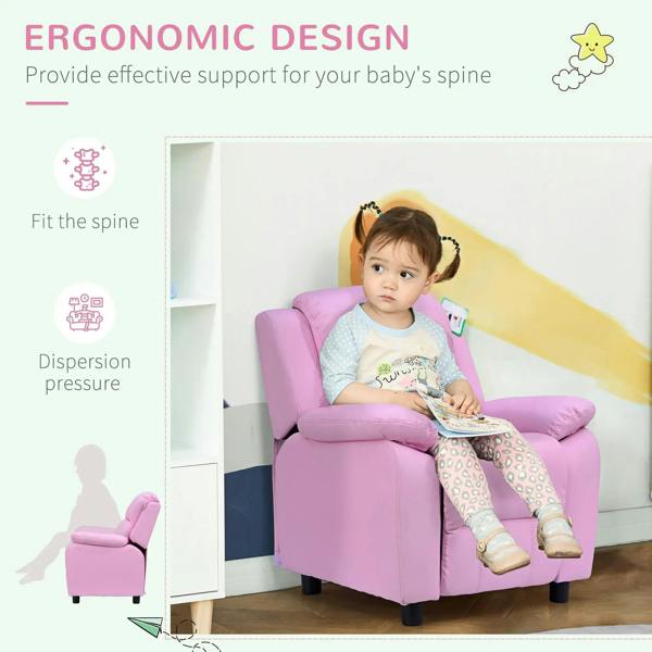 Kids pink recliner chair with supportive ergonomic back for toddlers