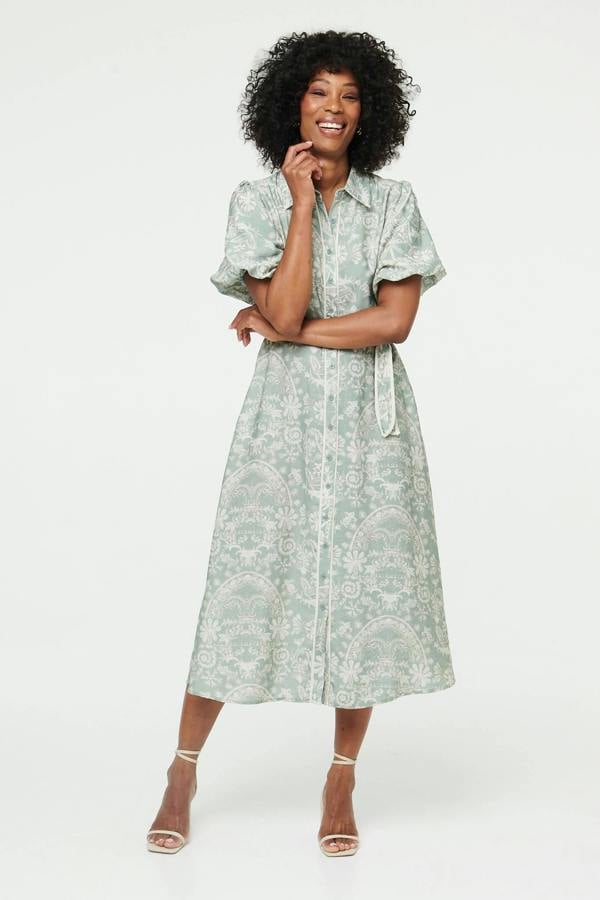 Green | Printed Puff Sleeve Tie Midi Shirt Dress