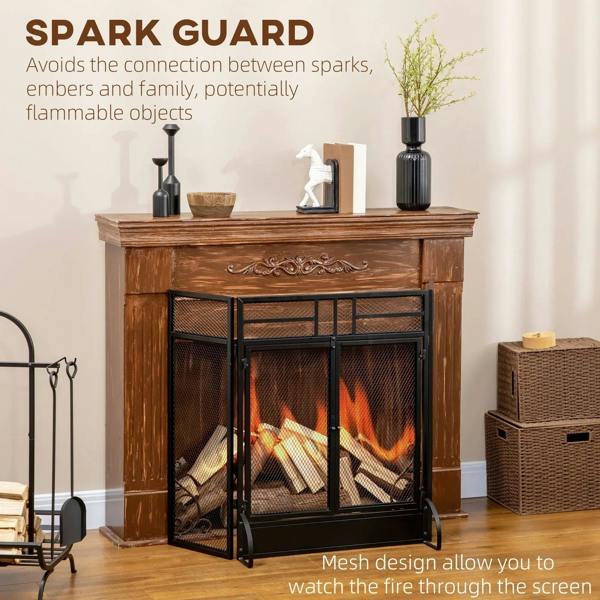 Black 3-panel folding fireplace screen with mesh guard and open door over a fireplace