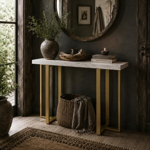 Wyld Haus Larose Metal And Faux Marble White Narrow Console Table With Anti Tip Steel Frame 100 cm