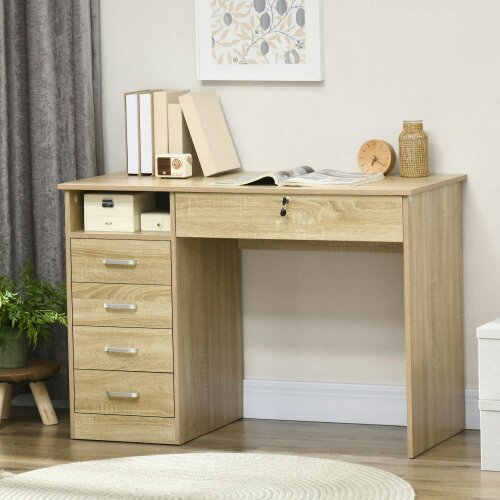 Wyld Haus Yodino 110cm Oak Finish Home Office Desk With 5 Drawers And Side Shelving