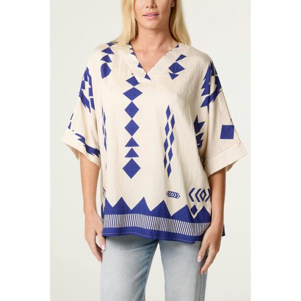 Blue Vanilla Linen Geometric Print Top