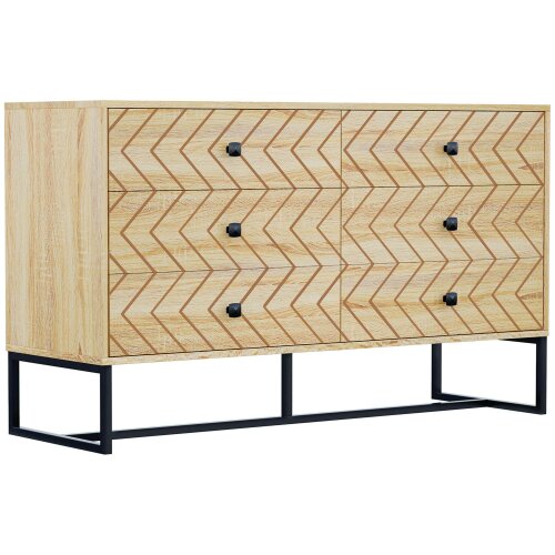 Wyld Haus Niel Wooden Natural Chevron 6 Drawer Chest With Zigzag Black Metal Legs