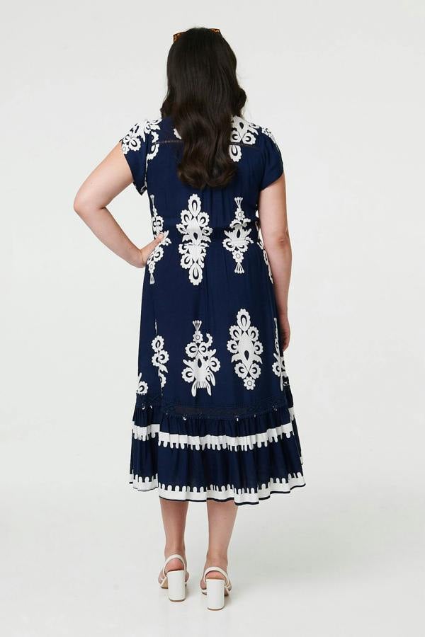 Navy | Curve Printed Cap Sleeve Midi Dress
