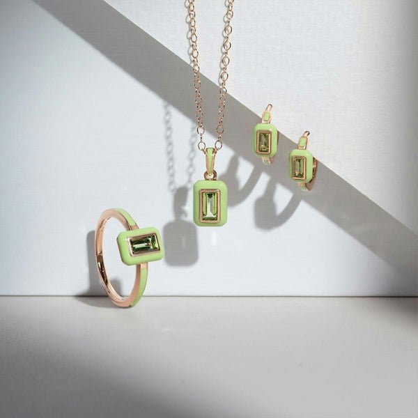 Gemondo Siberian Waltz Green Enamel & Baguette Peridot Pendant Necklace in Rose Gold Plated Sterling Silver