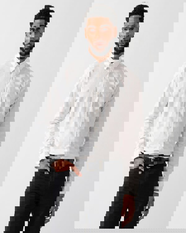 Model wearing a BOSS Orange Rickert Mens Shirt in Natural colourway