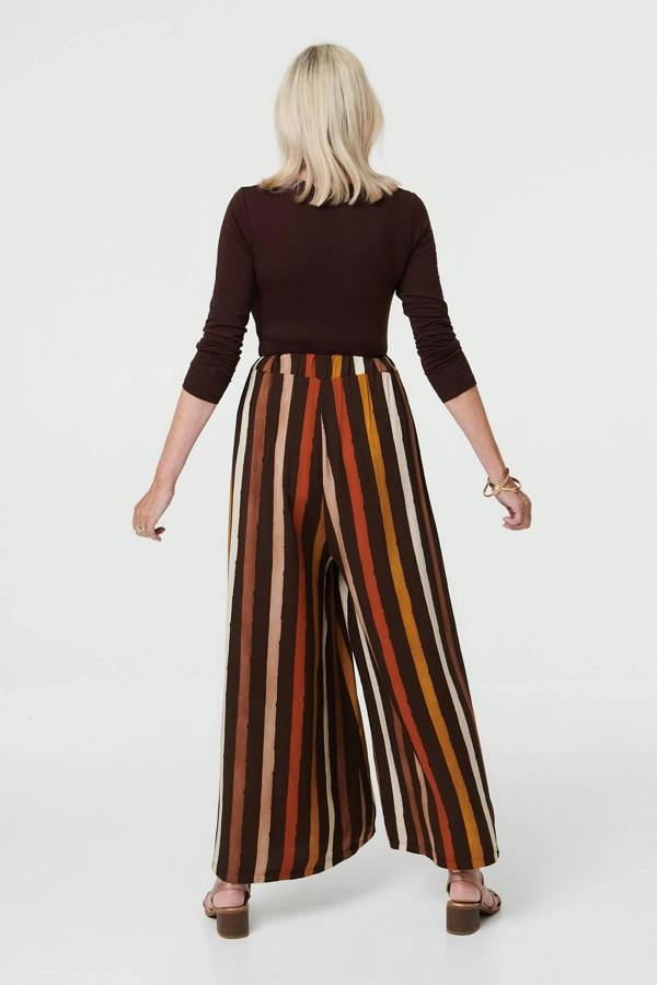 Brown | Striped High Waist Wide Trousers