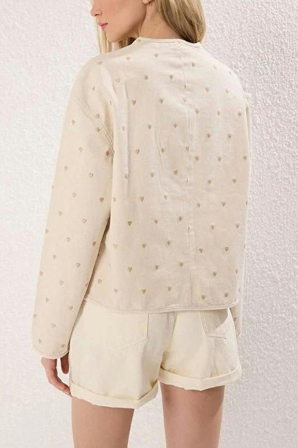 WOVCOR Denim Jacket with Heart Embroidery and Pocket Details