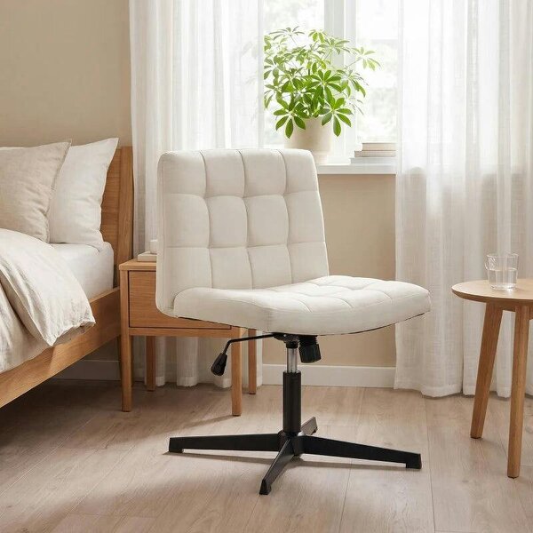 Armless Office Chair, Cross Legged Linen Computer Desk Vanity Chair with Wide Seat, Rocking Function, Beige