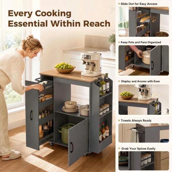 Kitchen Trolley on Wheels, Rolling Kitchen Island Cart with Power Outlet, Cabinet, Pull-Out Drawer, Grey