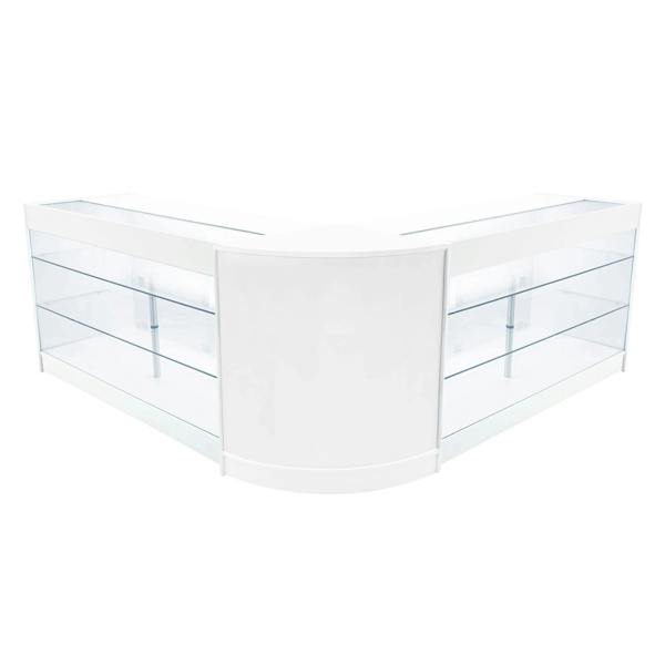 White Helios LED shop counter set with sleek glass shelves, featuring a modern, curved design perfect for retail displays
