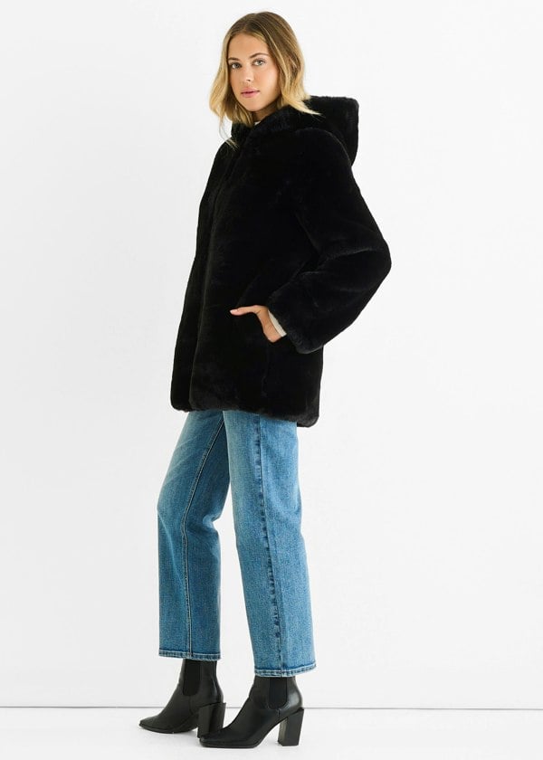 Gini London Black Hooded Long Sleeve Faux Fur Jacket