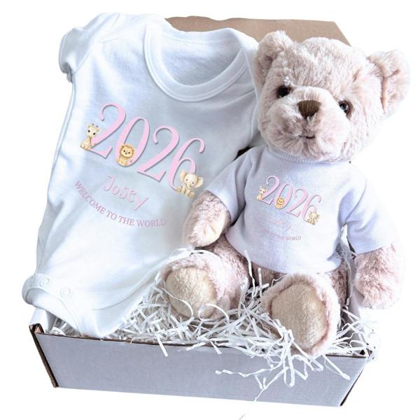 Personalised Pink Safari Animals Welcome to the World Baby Gift Box - Teddy & Vest
