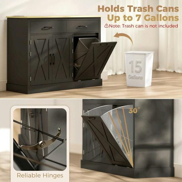 Tilt Out Trash Cabinet with Charging Station, Kitchen Island with Storage, 57 Liter Hidden Rubbish Bin Storage, Black