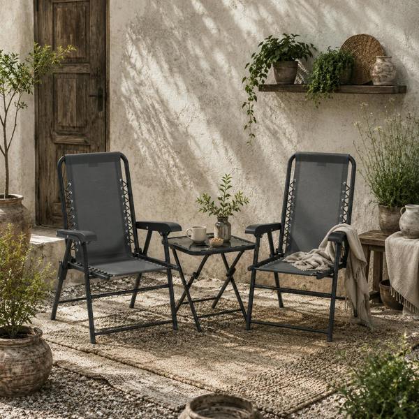 Wyld Haus Lano Metal Dark Grey Mesh 3 Piece Garden Bistro Table And Chair Set