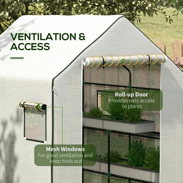 White PE greenhouse cover with roll-up door and mesh windows for ventilation and access