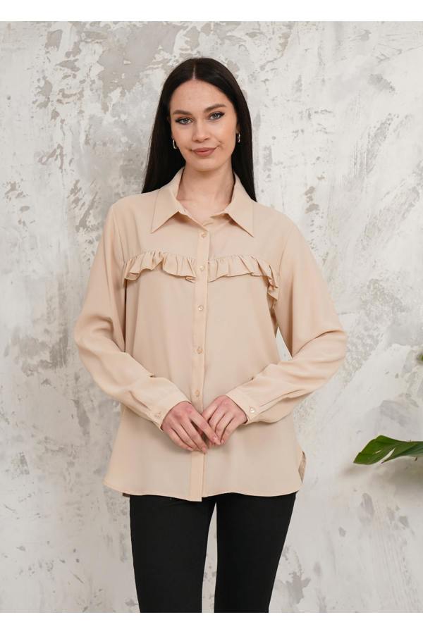Hoxton Gal Oversized Frill Detailed Long Sleeves Blouse Shirt in Beige