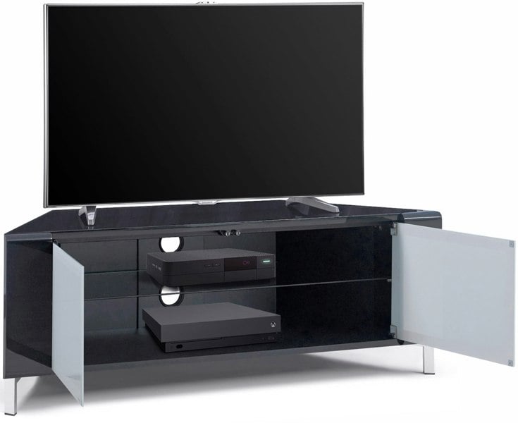 MDA Designs CORVUS Corner-Friendly Gloss Black Contemporary Cabinet with Black Profiles White BeamThru Glass Doors for Flat Screen TVs up to 50"