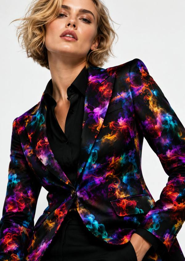 Black smoke print blazer with tailored notch lapels