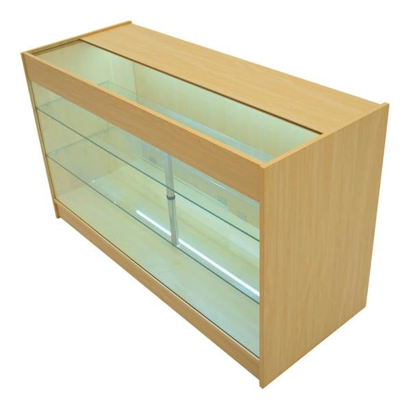 Hera LED Shop Counter Set in maple finish, featuring a sleek design, glass shelves, and integrated lighting for display