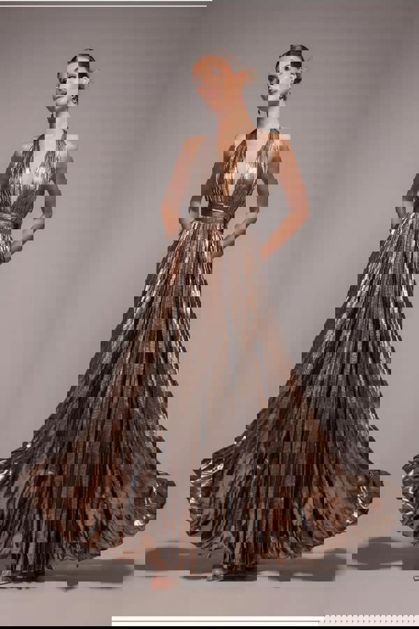 Sunrise Foil Halterneck A-Line Maxi Dress - Bronze DR4697