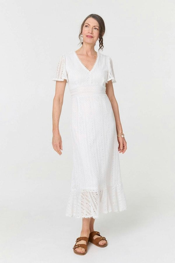 White | Lace Layered Short Sleeve Midi Dress
