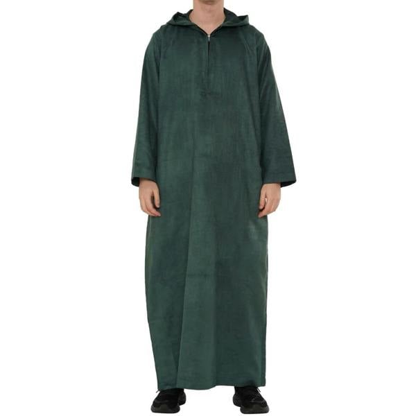 HM12 - Men's Hooded Suede Emirati Omani Zipped Thobe - Green - Thobez - 1