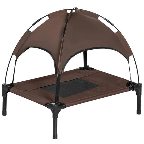 Brown elevated pet cot with dome canopy and breathable mesh sides