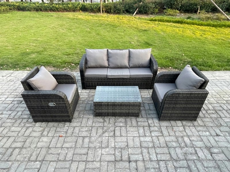 Fimous Outdoor Rattan Garden Furniture Set 5 Seater Patio Lounge Sofa Set with Rectangular Coffee Table Dark Grey Mixed