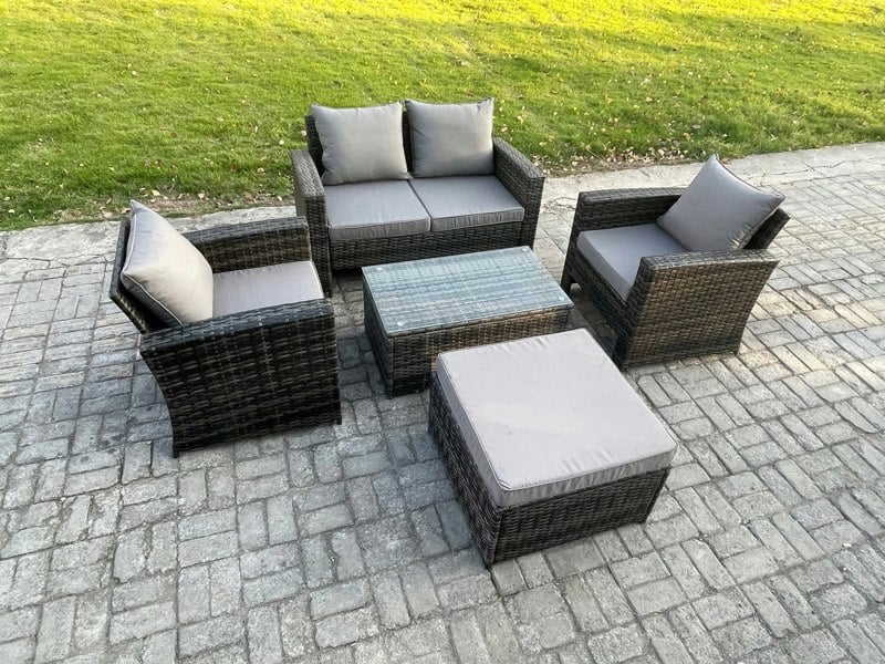 Fimous Outdoor Lounge Sofa Set Wicker PE Rattan Garden Furniture Set with Rectangular Coffee Table Double Seat Sofa Big Footstool Dark Grey Mixed