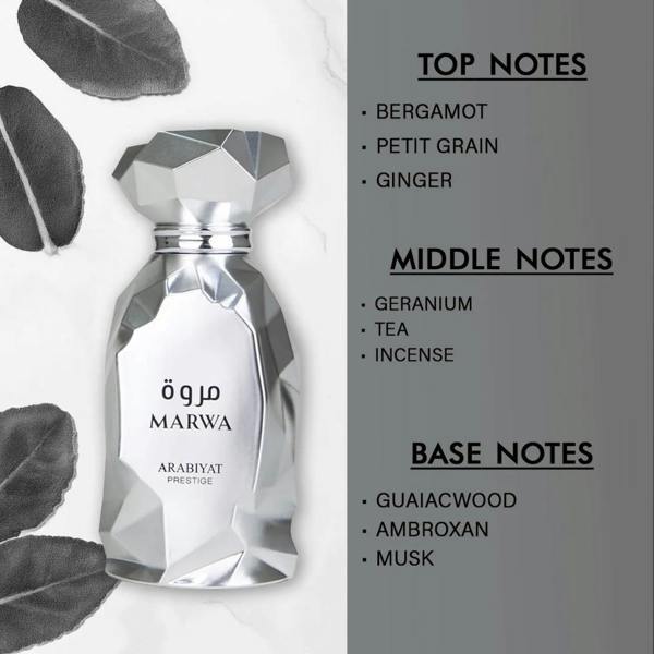 Arabiyat Prestige Marwa Eau de Parfum 100ml for Men bottle with fragrance notes display
