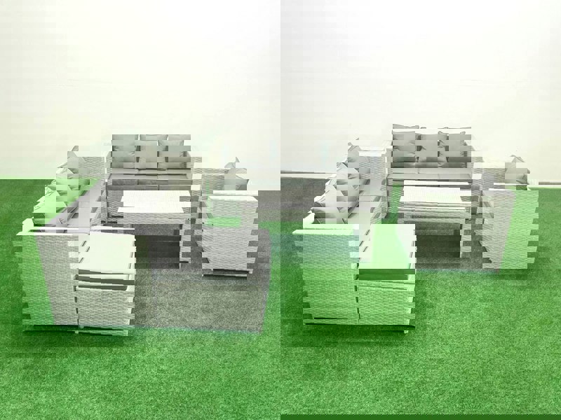 Fimous Wicker PE Rattan Sofa Garden Furniture Set with Oblong Coffee Table Armchair Big Footstool Light Grey Mixed