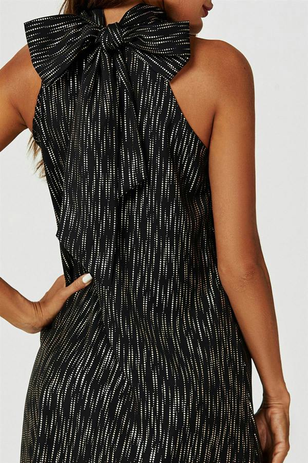 FS Collection Gold Foil Halter Neck Tie Back Mini Dress In Black