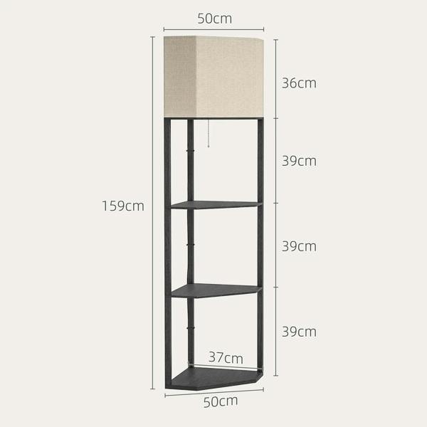 Tall corner floor lamp with black shelves and beige fabric shade, dimension view