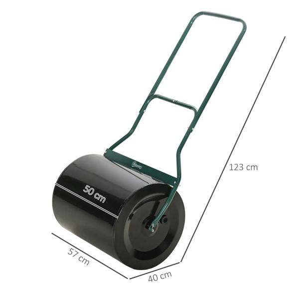 Black 50 cm lawn roller with green handle frame; shows 123 cm overall length
