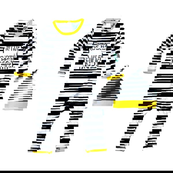 Just Done 9 Months Inside black and white striped baby grow with yellow edging and matching hat