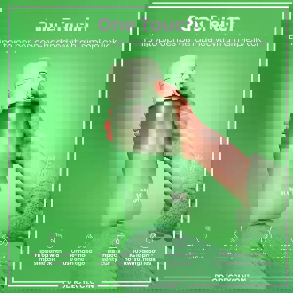 A light green water bottle is being held; its flip top is opened with one hand. The bottle is shown against a solid green background; text highlights its features: One Touch, flips open with a simple click, one-handed use, triple lock security, 100% leak proof. POD RECYCLON™ is also shown.