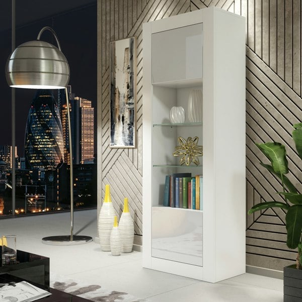 Mex Furniture Modern White Gloss Display Cabinet 170cm – 2 Doors & Glass Shelves