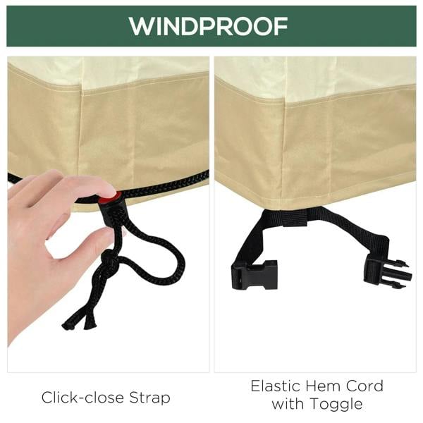 Beige windproof patio furniture cover with click-close strap and toggle hem cord