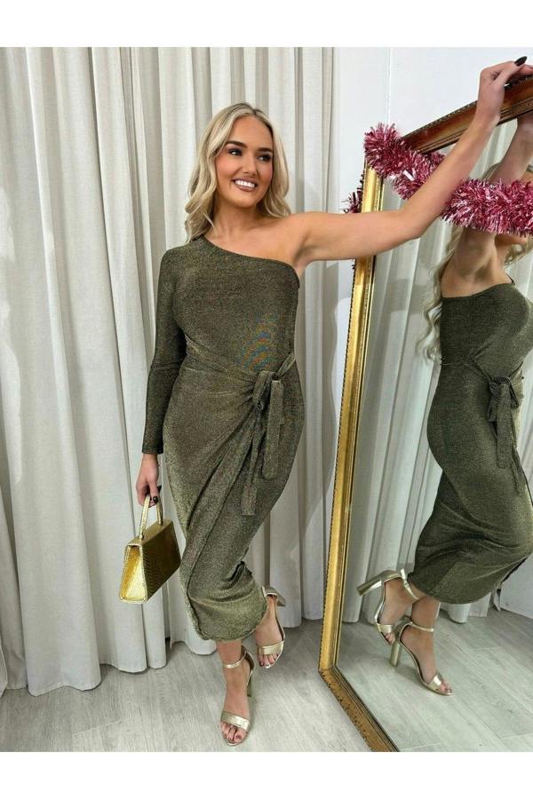 Jodie One Shoulder Wrap Front Glitter Midi Dress - Gold