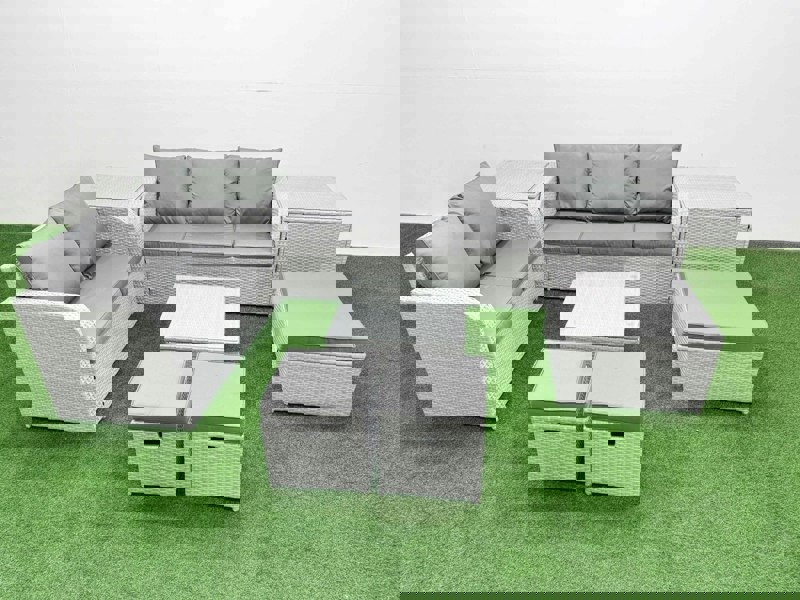 Fimous 8 Seater PE Rattan Wicker Garden Furniture Patio Conservatory Sofa Set with Square Coffee Table 3 Seater Sofa Love Sofa 3 Stool 2 Side Table