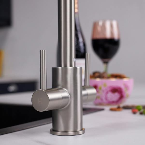 Flode Hammerfest | Dual Lever Kitchen Sink Mixer Tap with Swivel Spout | Brushed Steel Finish