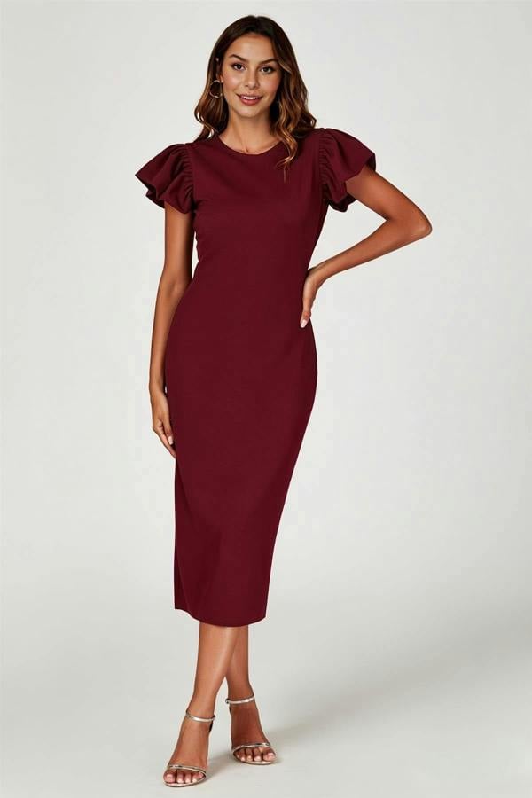 FS Collection Volume Sleeve Bodycon Midi Dress In Burgundy