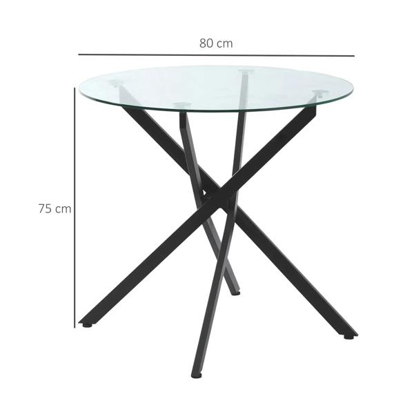 Round clear tempered glass table with black crossed metal legs, shown with dimensions