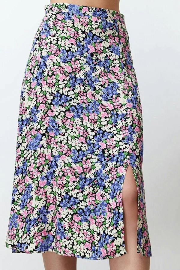 WOVCOR Floral Print Midi Woven Skirt with Slit Detail
