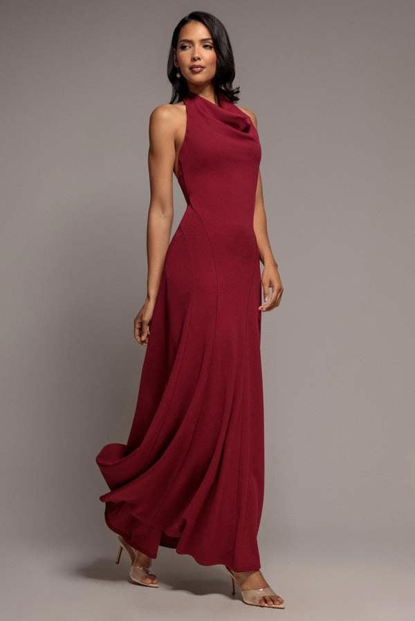Halterneck Cowl Neck Backless Scuba Crepe Maxi Dress - Burgundy DR5148