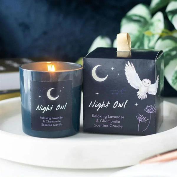 Dark blue candle jar with owl graphic, Night Owl scent, and lit wick